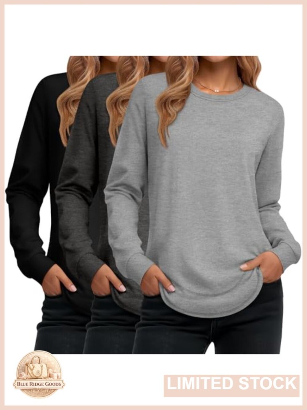 Women's Cotton Blend Long Sleeve Crewneck Pullover Sweatshirt Curved Hem